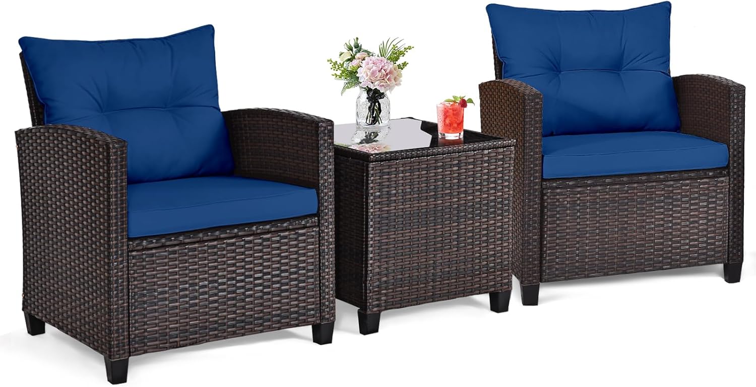 Outdoor Furniture Table And Chairs - Navy blue rattan wicker 3-piece outdoor
