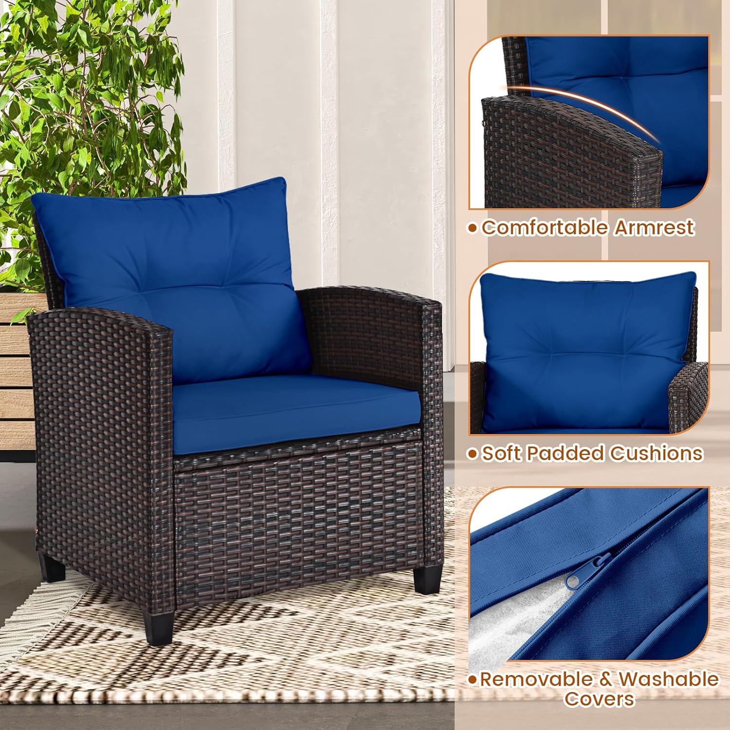 Navy blue rattan wicker 3-piec - Outdoor Furniture Table And Chairs recension och pris